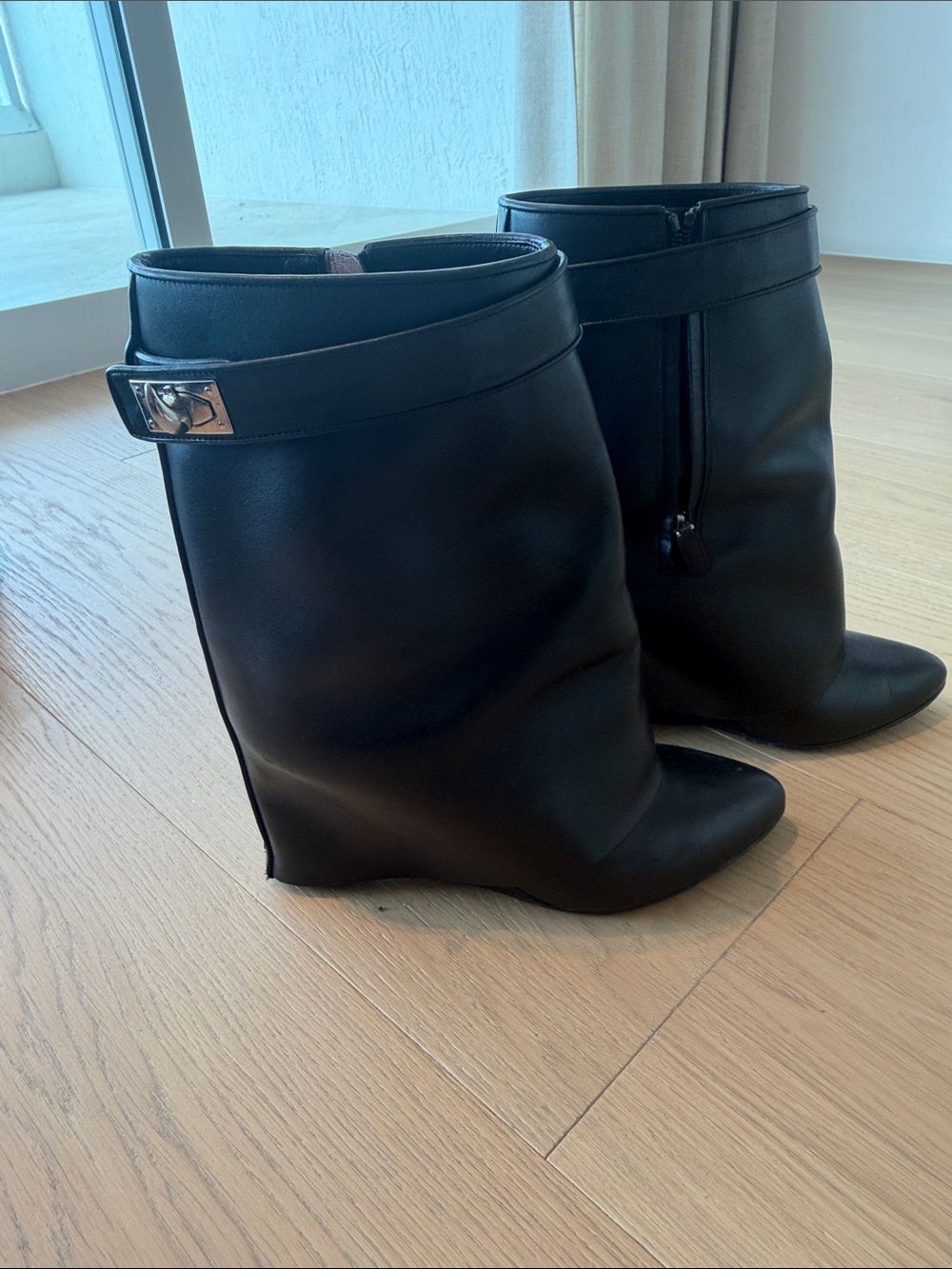 Givenchy Black Leather Wedge Ankle Boots with Silver Buckle